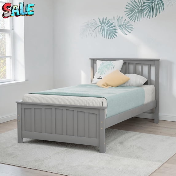 Tcbosik Twin Size Wooden Bed Frame with Headboard & Footboard, Solid Pine Bed with Slats Support, No Box Spring Needed, Gray