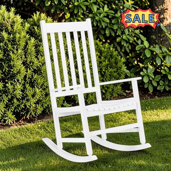 Tcbosik Wood Rocking Chair for Outdoor, High Back Rocker for Porch, Lawn, Garden, Backyard, White
