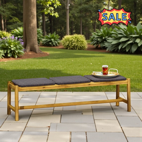 Tcbosik Wooden Backless Outdoor Bench, 2-Person Patio Dining Bench with Rattan Seat for Lawn, Porch, Garden, Easy Assembly, Brown & Teak