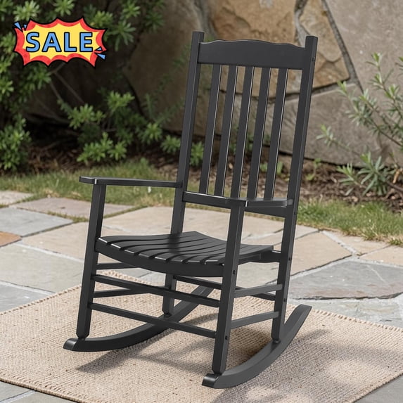 Tcbosik Wooden Outdoor Rocking Chair, Rocker with High Back for Patio, Deck, Garden, Backyard, Black