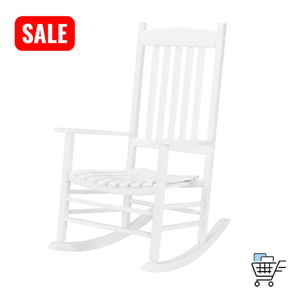 Tcbosik Wooden Rocking Chair Outdoor, High Back Rocker Chair with Armrest for Porch, Patio, Backyard, White