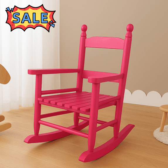 Tcbosik Wooden Rocking Chair for Indoor & Outdoor, Small Rocker Chair with High Backrest for Lawn, Garden, Backyard, Rose Red