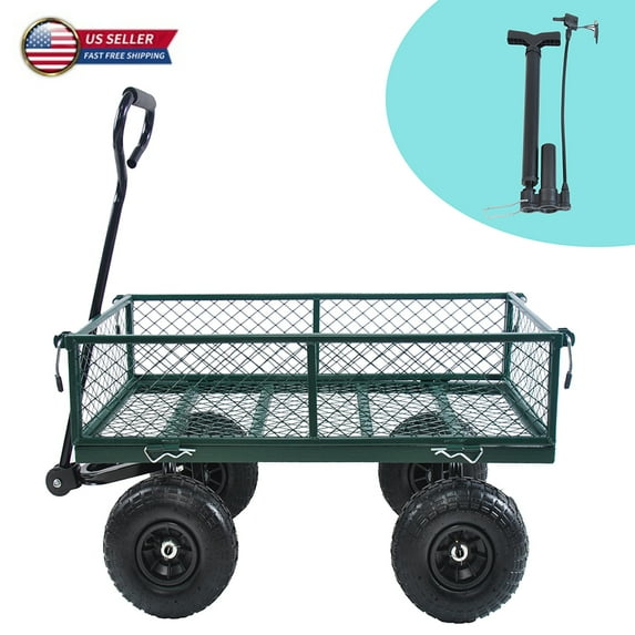 Tcbosik Yard Dump Wagon Cart Lawn Utility Cart Outdoor Steel 550lbs Load Heavy Duty Cart for Beach Lawn Yard Landscape, Green