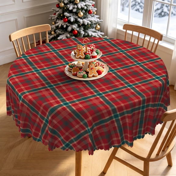 Tchckioa 60 Inch Round Tablecloth for Kitchen,Retro Grid Stain Proof Table Cloth Cover