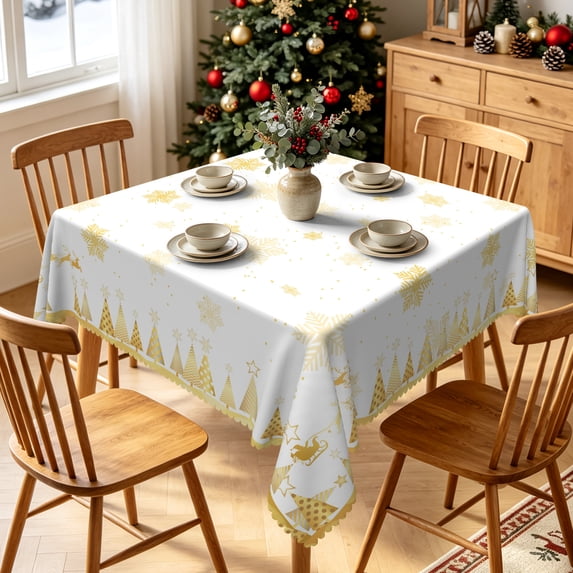 Tchckioa 70x70 Inch Square Tablecloth,Waterproof Table Cover for Kitchen,Gold Christmas Tree Snowflake