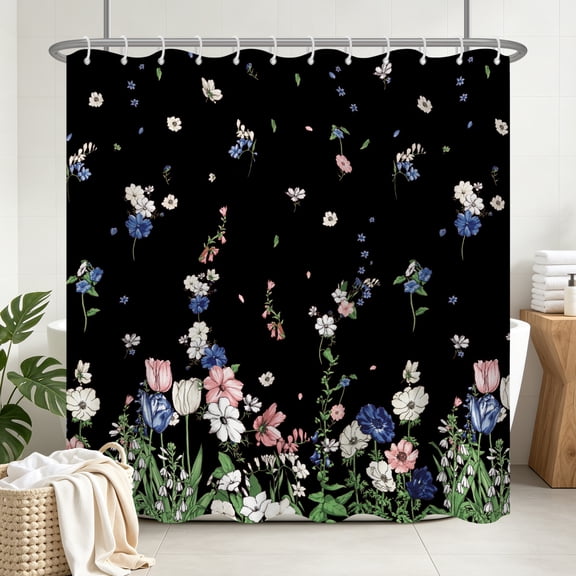 Tchckioa Black Wildflower Shower Curtain for Bathroom,72x72 Inch Waterproof Hooks Bath Curtain Decor