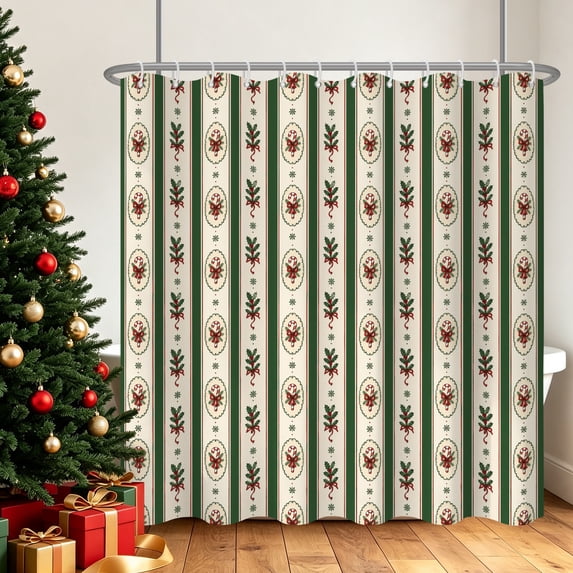 Tchckioa Christmas Cane Holly Shower Curtain,Privacy Protection Hooks Bath Curtain for Bathtub Decor 47x64 Inch,Green and Beige