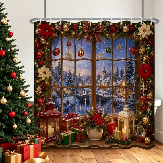 Tchckioa Christmas Gift Shower Curtain,72x78 Inch Privacy Protection Hooks Bath Curtain for Bathtub