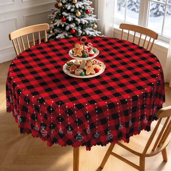 Tchckioa Christmas Grid Tablecloth for Kitchen Dinner Decor,60 Inch Round Oil-resistant Table Cloth Cover