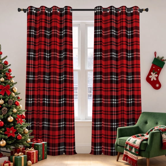 Tchckioa Christmas Red Grid Blackout Curtains for Bedroom,2 Panels Privacy Protection Grommet Drapes,42x63 Inch