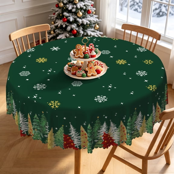 Tchckioa Christmas Snowflake Round Tablecloth,Waterproof Table Cloth Cover for Dinner Kitchen,60 Inch,Green