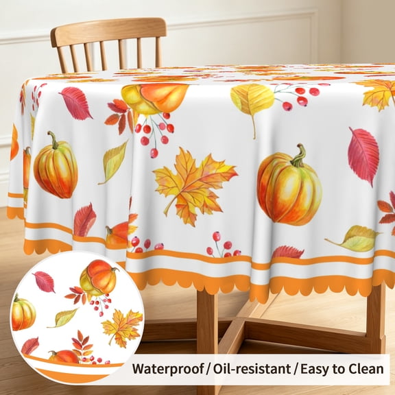 Tchckioa Fall Leaves Pumpkin Tablecloth for Restaurant Decor,Stain Proof Table Cloth Cover,60 Inch,Round
