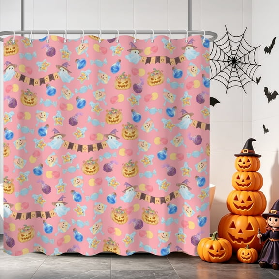 Tchckioa Halloween Cute Cartoon Shower Curtain,Privacy Protection Hooks Bath Curtain for Bathroom,72x72 Inch,Pink