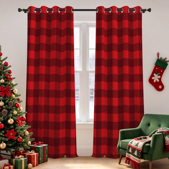 Tchckioa Merry Christmas Red Grid Blackout Curtains,Thermal Insulated Grommet Drapel for Living Room(2 Panels,52x84)