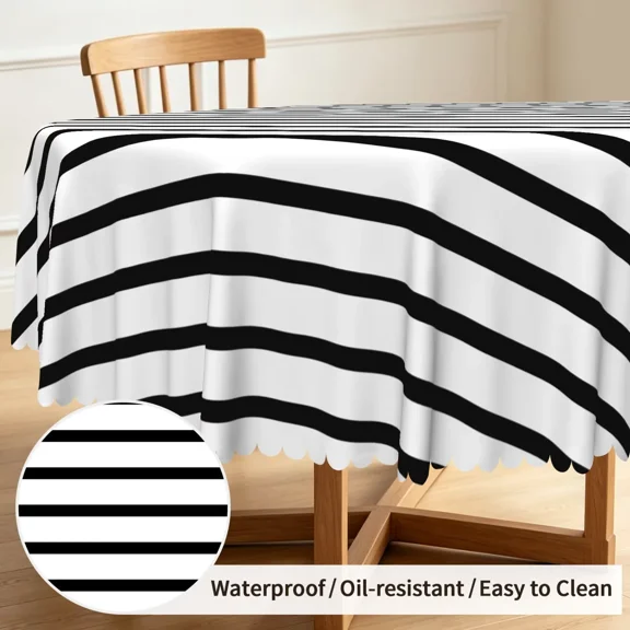 Tchckioa Minimalist Tablecloth,60 Inch Round Oil-resistant Table Cloth Cover for Kitchen,Black and White