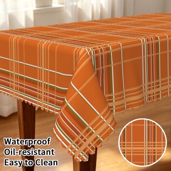 Tchckioa Orange Line Grid Tablecloth for Kitchen,Autumn Rectangle Waterproof Table Cover Decor,60x70 Inch