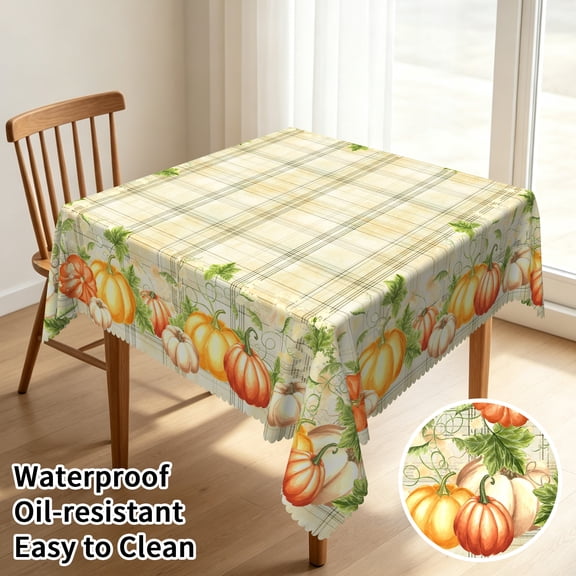 Tchckioa Plaid Pumpkin Square Tablecloth for Kitchen Party Deocr,Stain Proof Table Cloth,52x52 Inch,Green