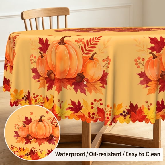 Tchckioa Pumpkin Fall Leaf Tablecloth,60 Inch Round Stain Proof Table Cloth Cover for Restaurant Decor