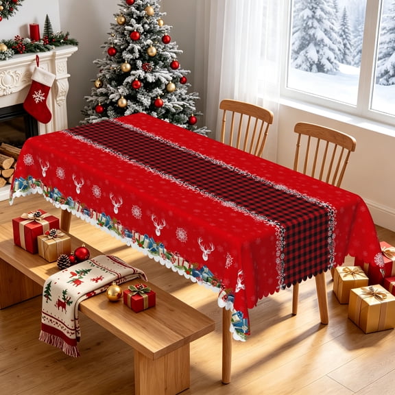 Tchckioa Red Christmas Tablecloth Waterproof Table Cover for Kitchen Party Decor,60x84 Inch,Rectangle
