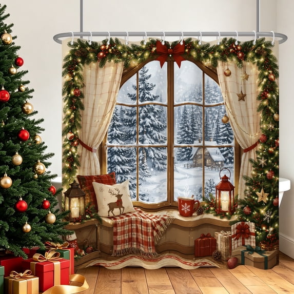 Tchckioa Shower Curtain,Snow Window Privacy Protection Hooks Bath Curtain for Bathroom Decor,72x78