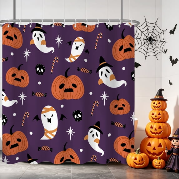 Tchckioa Shower Curtain for Bathroom,Halloween Pumpkin Ghost Privacy Protection Hooks Bath Curtain,72x84