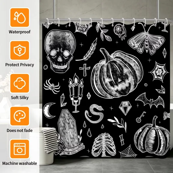 Tchckioa Shower Curtain for Bathroom,Privacy Protection Hooks Bath Curtain(72x72 Inch,Black and White,Halloween)