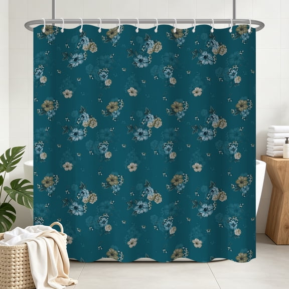 Tchckioa Vintage Teal Floral Shower Curtain,Waterproof and Privacy Hooks Bath Curtain for Bathtub,72x72 Inch