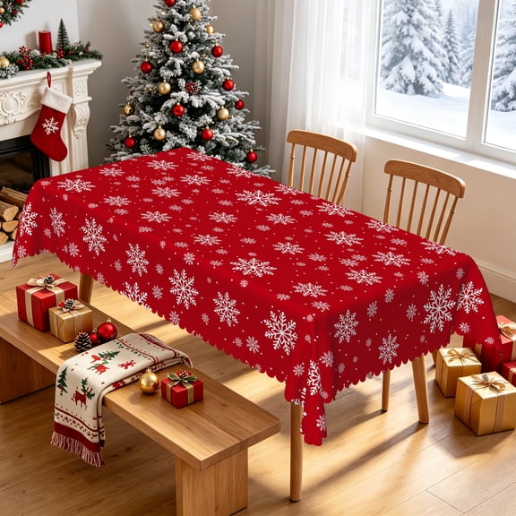 Tchckioa Winter Snowflake Red Tablecloth,Waterproof Stain Resistant Table Cover for Kitchen,60x84 Inch