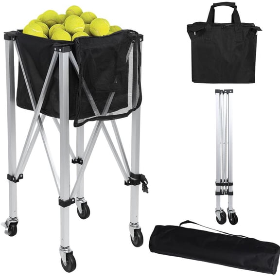 Tchonts Tennis Ball Cart with Wheels, Portable Lightweight Holds 160 Balls Tennis Ball Hopper, Foldable Sports Teaching Cart Tennis Ball Basket with Removable Bag Side Pockets