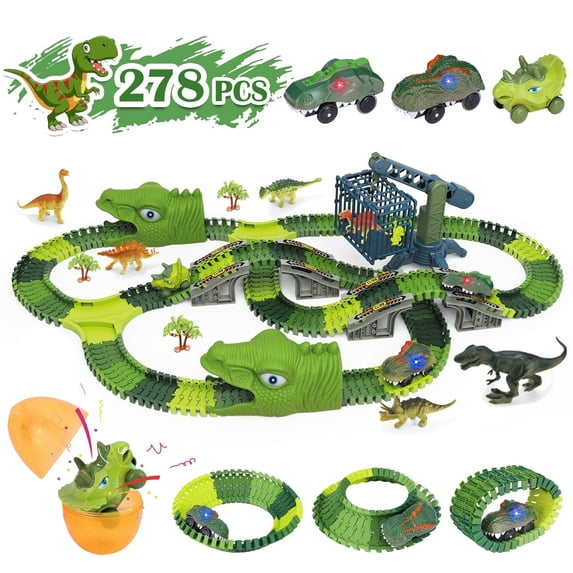 Xmhook Dinosaur Toys for Kids, 278 Pcs Race Car Track Set STEM Vehicle Playsets for Boys Girls Aged 3+ Birthdays Party Gifts