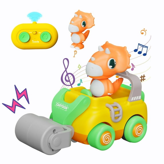 Tcovle Remote Control Car for Toddlers, RC Dinosaur Road Roller with Music & Sound for Kids, Toy Car with Dino Perfect Gift for Boys Girls Age 5+ (Yellow)
