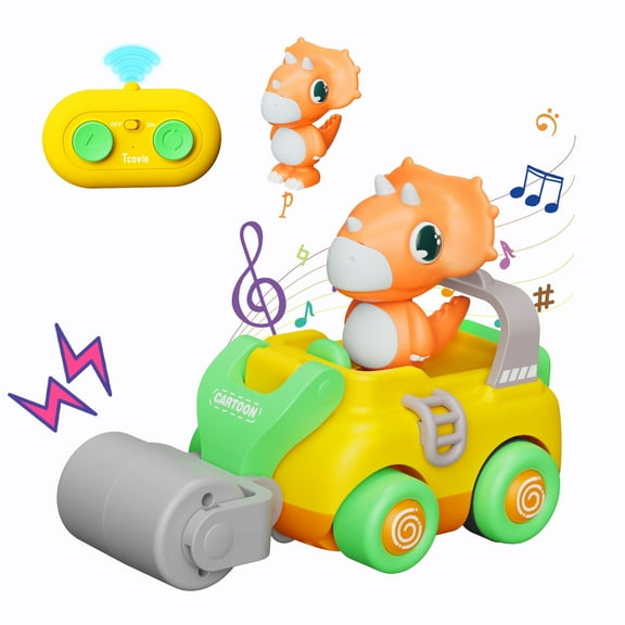 Tcovle Remote Control Car for Toddlers, RC Dinosaur Road Roller with Music & Sound for Kids, Toy Car with Dino Perfect Gift for Boys Girls Age 5+ (Yellow)