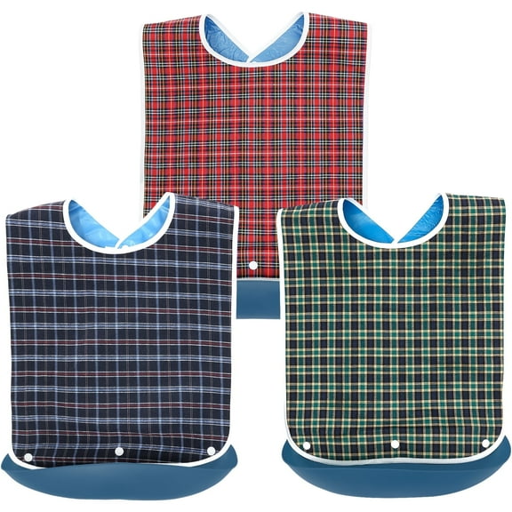 Tcwhniev 3 Pack Adult Bibs Washable Waterproof Clothing Protector with Crumb Catcher for Elderly atient Bedridden Convalescent Disabled, Lattice Pattern