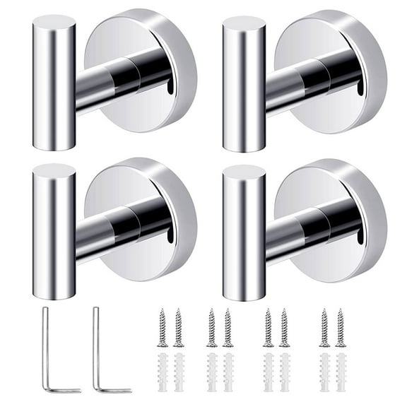4 Pack Bath Towel Hooks Heavy Duty Wall Mount Towel Holder Chrome Finish Towel Rack Robe Coat Loofah Hooks for Bathroom Kitchen, Stainless Steel Hanging Wall Hooks- Silver