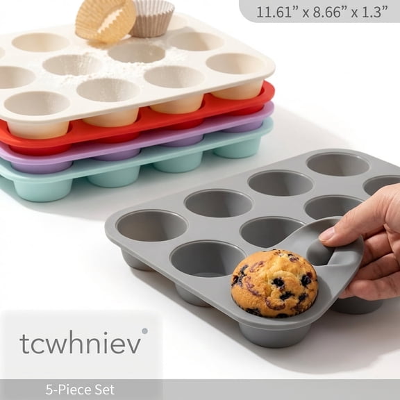Tcwhniev 5 Packs Silicone Muffin Pan 12-Cup Cupcake Pans Silicone Muffin Tin Heat Resistant Baking Molds for Making Muffin Cakes Tart Bread