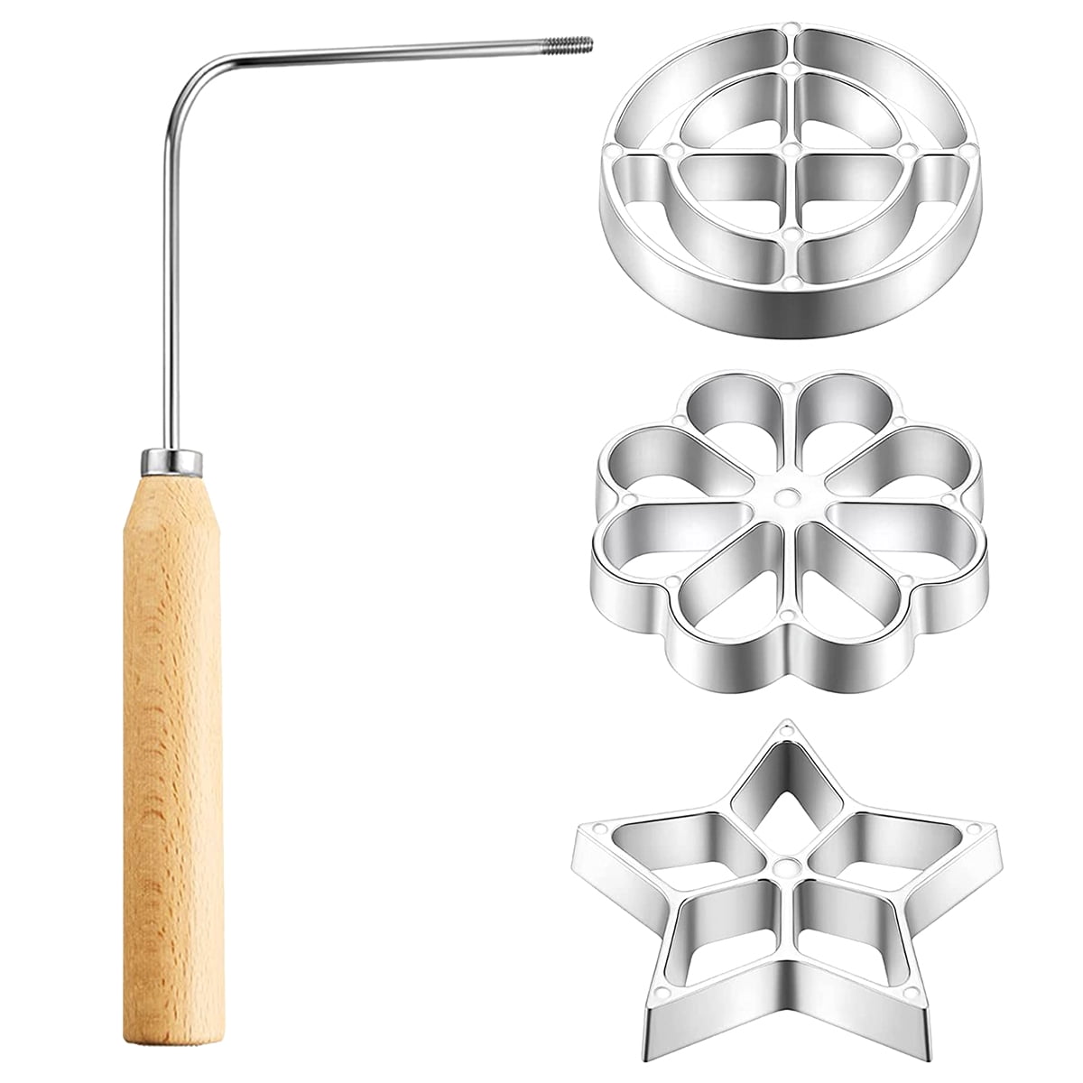 MBB Rosette Waffle Mold Set - 4 Designs (Butterfly, Star, Tree, Wheel) With Lifting Tool, Aluminum