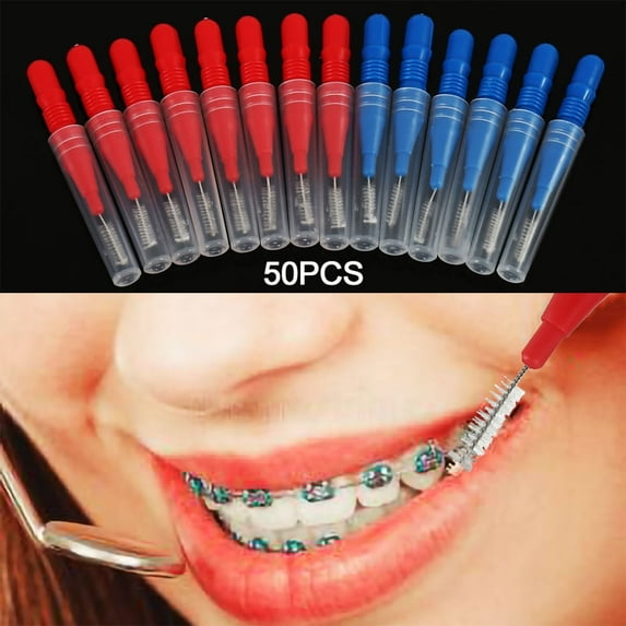 Tcwhniev 50 Count Mint Interdental Brushes Value Pack, Flexible Head, Straight Bristles, Moderate Teeth Spacing