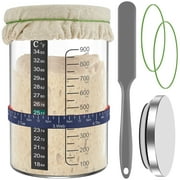 Tcwhniev Sourdough Starter Jar Kit with Feeding Date Tracker, Thermometer, Anti-Slip Silicone Base, 30oz Glass Fermentation Tank for Bread Making