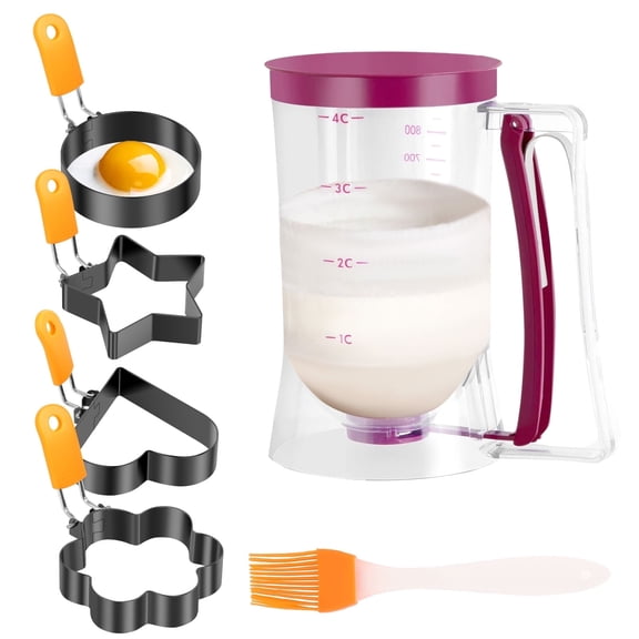 Xiyztok Griddle Breakfast Kit, 900ml Pancake Batter Dispenser & 4 Nonstick Egg Rings, Flat Top Griddle Accessories for Home Cooking Baking