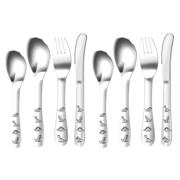 Stainless Steel Toddler Utensils, 8-Piece Kids Silverware Set with Dinosaur Pattern, Non-Toxic & Dishwasher Safe Flatware for Home, Preschool, and Travel