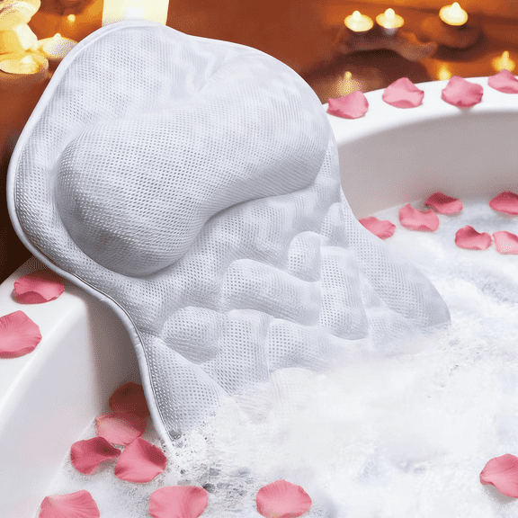 Tcwhniev Bath Pillow, Tub Pillow for Bathtub Support Neck,Head and Back with Strong Non-Slip Suction Cups and Comfortabl 3D AirMesh Bath Pillow for Men and Women
