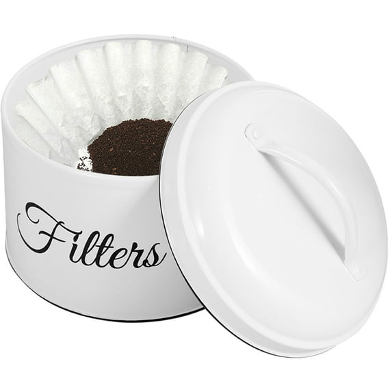 Tcwhniev Coffee Filter Holder,Stainless Steel Round Basket Coffee Filter Storage Container with Lid and Top Handle Vintage Coffee Filter Organizer Rustic Coffee Filter Jar Container