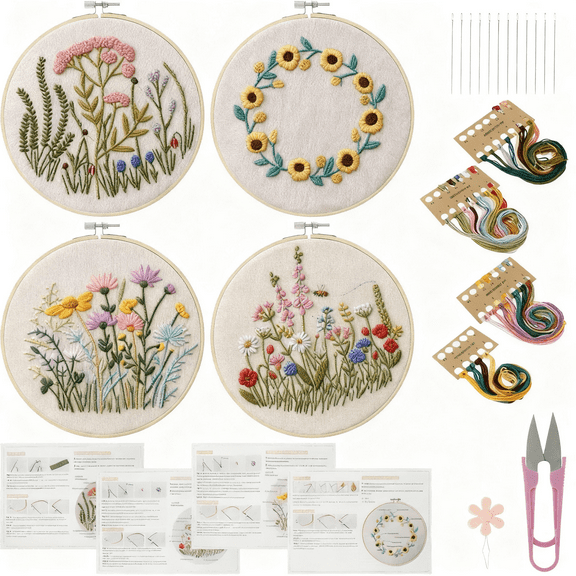 Tcwhniev Embroidery Kit for Beginners — 4Pack Floral Cross Stitch Kits with 27Pcs Sewing Set of Hoops, Threads, Needles