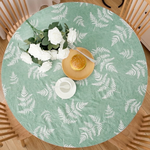 Tcwhniev Indoor Outdoor Patio Round Fitted Vinyl Tablecloth, Flannel Backing, Elastic Edge, Waterproof Wipeable PVC Table Cover, Green Leaf, for Table of 35-44’’ Diameter
