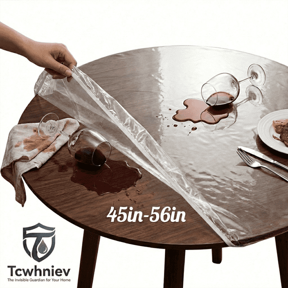 Tcwhniev Indoor Outdoor Clear Transparent Round Fitted Vinyl Tablecloth, Elastic Edge, Waterproof Oil-Proof PVC Table Cover,Table Protector of 45-56 Inch Diameter