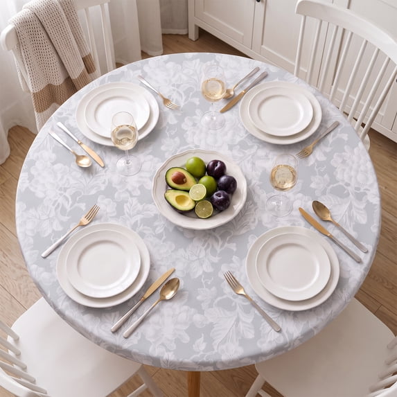 Tcwhniev Indoor Outdoor Fitted Vinyl Round Tablecloth with Flannel Backing,Elastic Edged, Waterproof Wipeable Table Cover, PVC Round Tablecloth for 36"-44" Tables