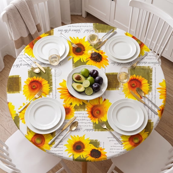 Tcwhniev Indoor Outdoor Fitted Vinyl Round Tablecloth with Flannel Backing,Elastic Edged, Waterproof Wipeable Table Cover, PVC Round Tablecloth for 36"-44" Tables