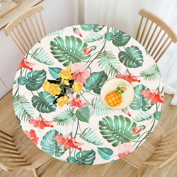 Tcwhniev Indoor Outdoor Patio Round Fitted Vinyl Tablecloth, Flannel Backing, Elastic Edge, Waterproof PVC Table Cover, Monster Leaf Pattern for 6-Seat Table of 44-55’’ Diameter