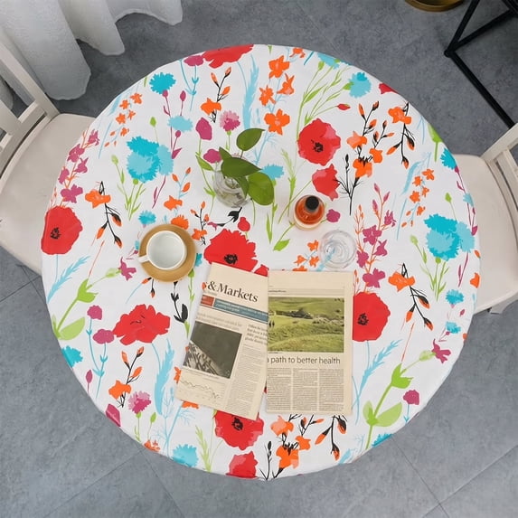 Tcwhniev 36"-44" Fitted Round Tablecloth, Elastic Edge PVC Table Cover, Waterproof Flannel Backed for Picnic Patio Indoor Outdoor