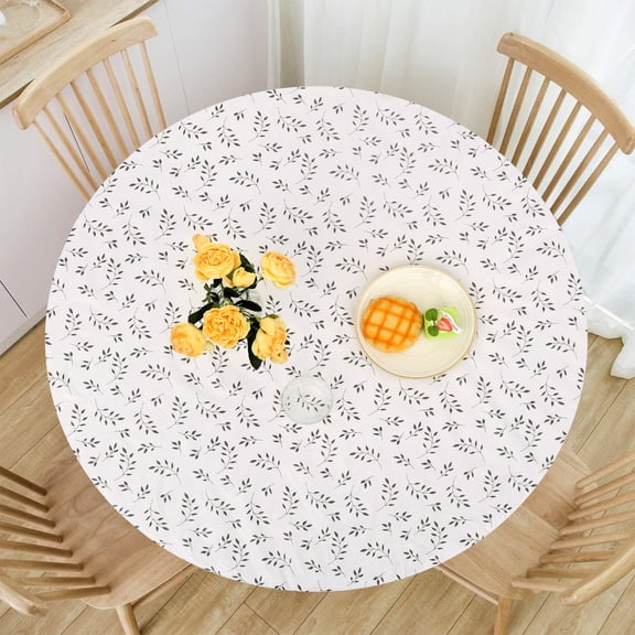 Tcwhniev Indoor Outdoor Patio Round Fitted Vinyl Tablecloth, Flannel Backing, Elastic Edge, Waterproof PVC Table Cover, Small Leaf Pattern for 6-Seat Table of 44-55’’ Diameter